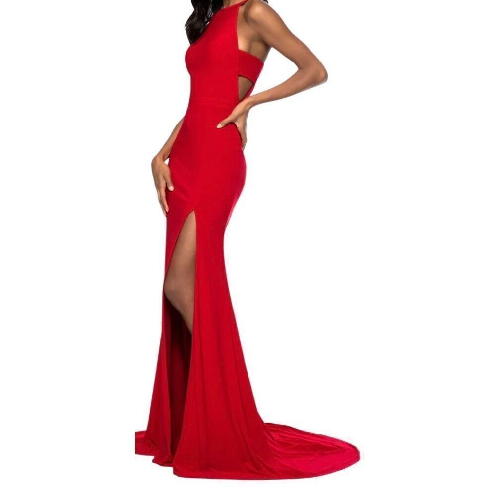 NWT, Sherri hill, women’s red jersey gown, cut out size high slit S/8 stunning